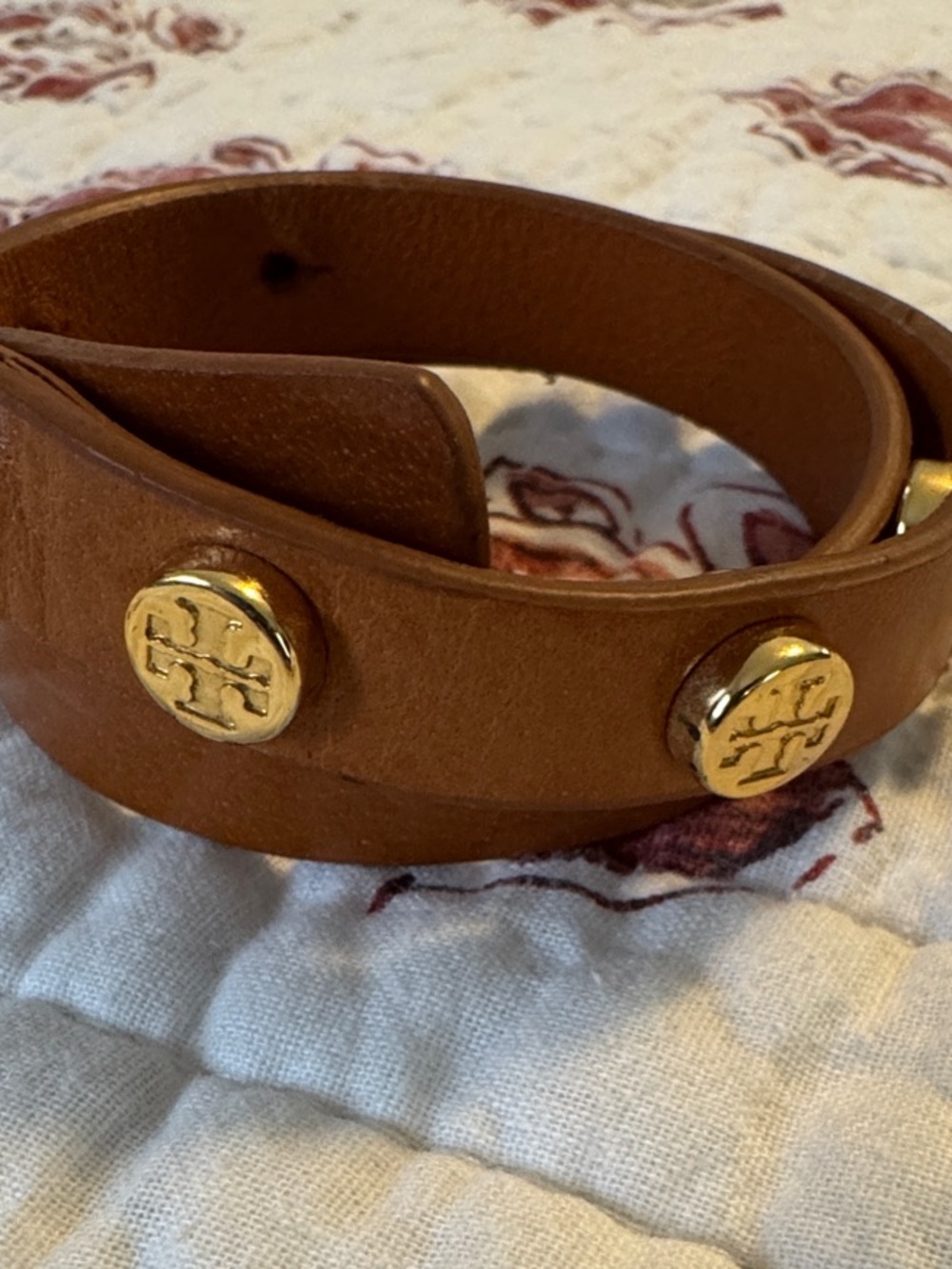 Tory Burch Brown Leather Double Wrap Bracelet with Gold Logos